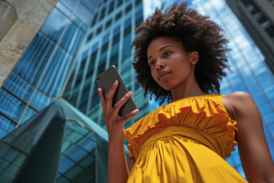 mujer afroamericana empresaria y empoderada mirando el tel&eacute;fono m&oacute;vil que lleva en su mano, sobre fondo desenfocado de edificios de oficinas acristalados altos y modernos