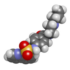 Mitapivat hemolytic anemia drug molecule. 3D rendering.