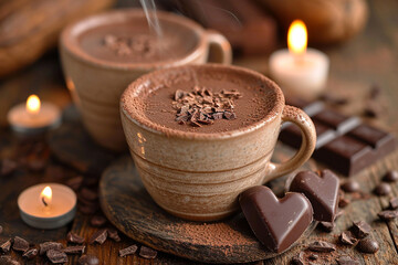 Hot chocolate, cup, valentine's day, winter, brown, chocolate heart, cocoa, candles, romantic.