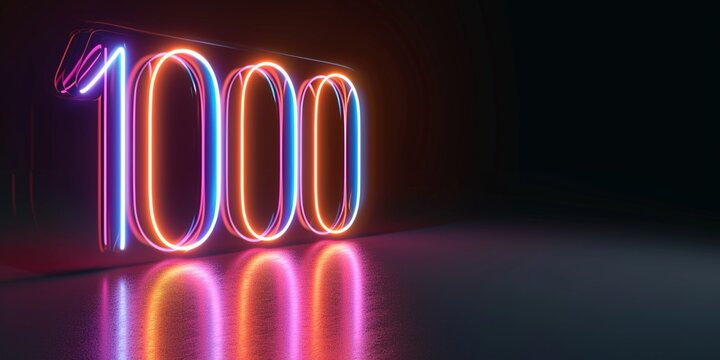 1000 followers neon sign on dark background with copy space.