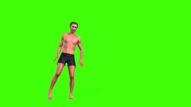 3D Realistic boy wearing black shorts muscle pumping body legs Exercise on a green screen, 4k 60 frames per second man a workout physical activity animation on chroma key