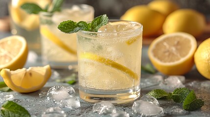 A refreshing lemonade expertly served with vibrant yellow lemons in an instant flash. Fresh and effervescent knolling lemonade with ice for hot days.
