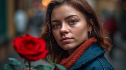Obraz premium A woman holding a red rose