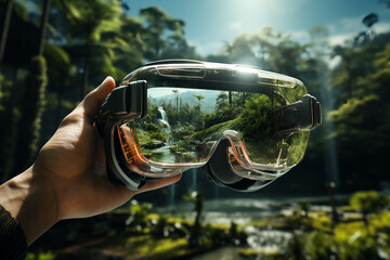 Vr glasses with reflection of green nature, AI Generative.