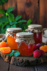 jars with jam and fresh fruits apricot and strawberry on wooden background.