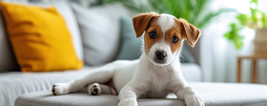 Photo of a cute puppy sitting on a coffee table in an apartment living room