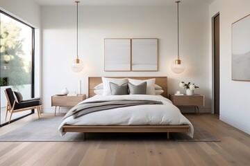 Fototapeta na wymiar Picture a modern bedroom with sleek furniture, clean lines, and a touch of luxury. Emphasize the minimalist design and neutral color palette