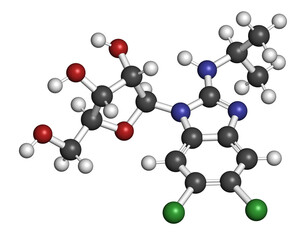 Maribavir antiviral drug molecule. 3D rendering.