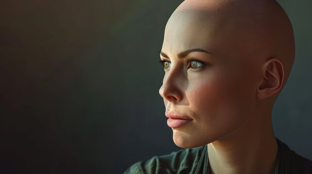 Portrait of a beautiful bald woman after chemotherapy. Powerful women concept created with ai generative tools