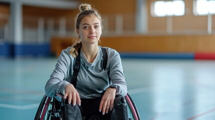 Portrait of active young woman in wheelchair looking at camera in indoor sports court