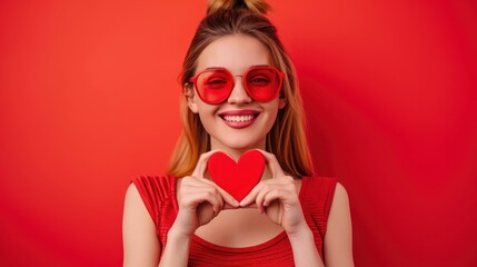 Portrait of attractive cheerful girl showing heart sign romance isolated over vibrant red color background - obrazy, fototapety, plakaty