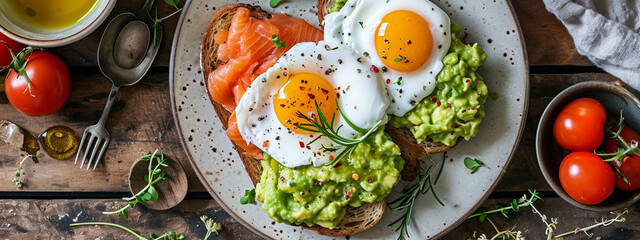 healthy breakfast, fast food lunch, breakfast with red fish, avocado and egg for breakfast. - obrazy, fototapety, plakaty