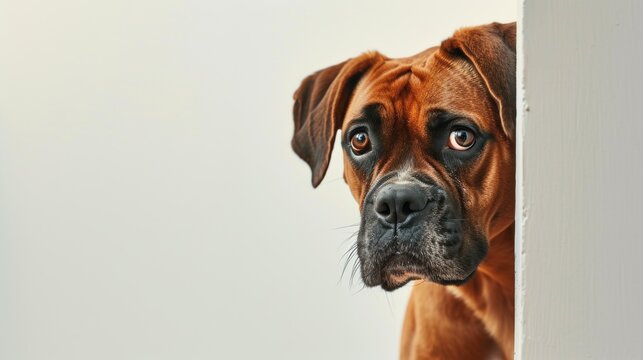 Dog Boxer peeking around corner