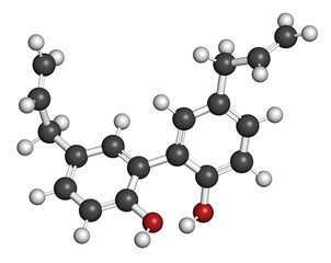 Magnolol herbal molecule, present in magnolia. 3D rendering.
