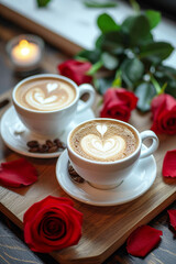 Two cups of hot coffee latte and roses on a wooden background. beautiful