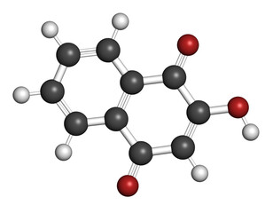 Lawsone (hennotannic acid) henna dye molecule. 3D rendering.