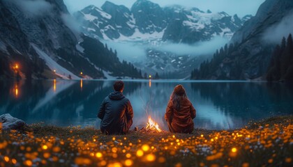 beautiful landscape camping in the mountains background.back view couple sitting by close up on campfire, generative ai