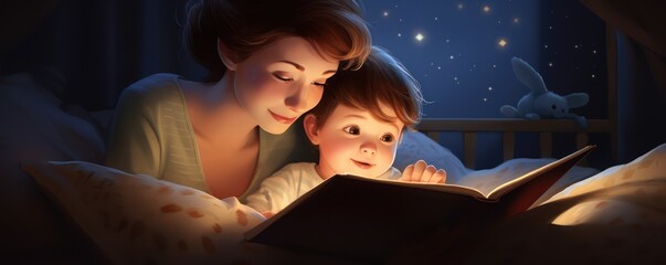A heartwarming scene unfolds as a young mother reads a bedtime story to her son, fostering a cozy and nurturing atmosphere before they drift off to sleep.