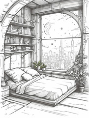 Sketch of a cozy room with a queen size bed, a bookshelf with books, potted plants and windows. The outside view is of the city and the stars. black and white vector illustration. line drawing.