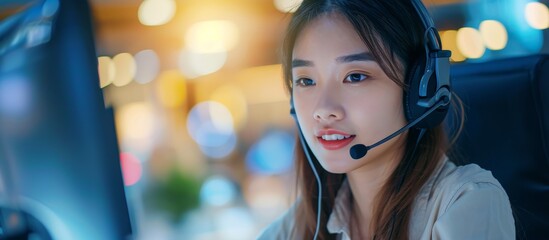 Young Asian woman wearing headphones assisting customers with problem-solving or consulting, like employees in telemarketing.