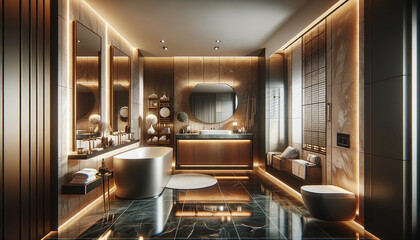 luxurious and elegant bathroom interior. The design showcases high-end finishes and fixtures, contributing to an atmospher