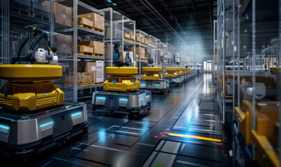 3d render of futuristic big transport delivery robots. Automated guided vehicle in warehouse logistics. Generative AI