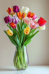 a beautiful bouquet of tulips in a vase on a light background.