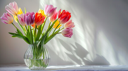 a beautiful bouquet of tulips in a vase on a light background.