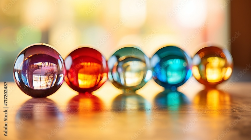 Poster five colorful balls arranged artfully on a table background - generative ai