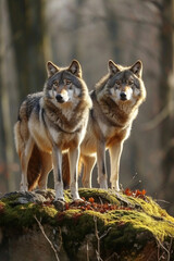 two beautiful wolves on the background of the forest.