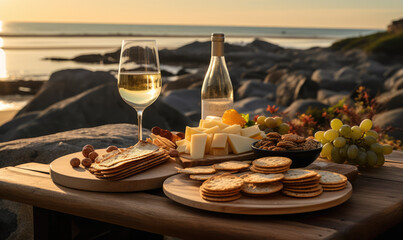 Fototapeta premium Glasses of white wine and and snacks are served on a table for a picnic with a picturesque beach in the background.