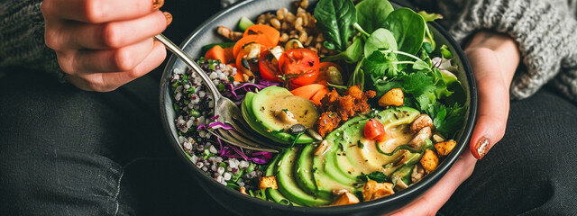 Woman holding plate with vegan or vegetarian food. Healthy plant based diet. Healthy dinner or lunch