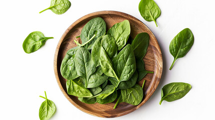 wooden round plate with fresh spinach leaves, top view - obrazy, fototapety, plakaty