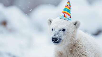 Naklejka premium Baby polar bear with birthday hat generative ai
