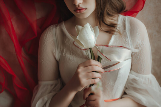 Faceless portrait of elegant young woman in lace, gently holding a white tulip with a red ribbon. Serene nature Beauty. Fashion creativity - Powered by Adobe