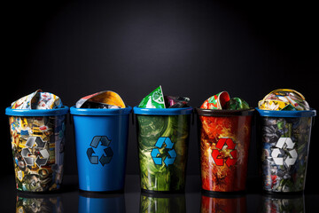 Recycling bins sorted by colour and waste.
