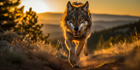 lone wolf (Canis lupus) traversing the mountains at sunset - obrazy, fototapety, plakaty