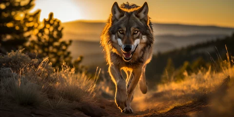 Muurstickers lone wolf (Canis lupus) traversing the mountains at sunset © juancajuarez