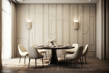 Modern dining room interior with furniture and daylight
