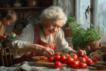 Elderly woman smiling, happy family, healthy old age, tomatoes, healthy food, cooking,  grandmother.