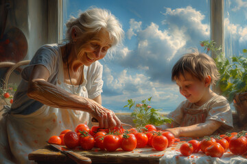 Elderly woman smiling, happy family, healthy old age, tomatoes, healthy food, cooking, grandson with grandmother.