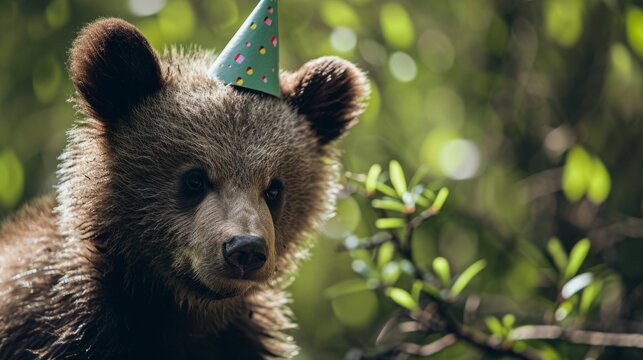 Bear cub with birthday hat generative ai