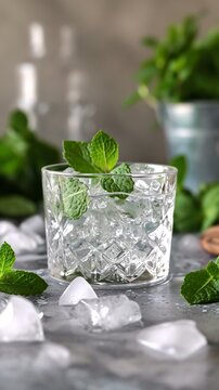 An expertly crafted cocktail with mint and lots of ice to keep you cool. Alcoholic mint drink in icy aura and refreshing breeze. Drink for hot days.