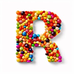 3d Latin letter R made of colorful candy beans, isolated on white background.