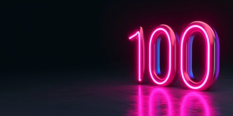Linear neon light number 100 glowing in the dark, pink neon light one hundred sign on dark with copy space.
