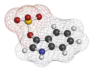 Indoxyl sulfate molecule. Metabolite of tryptophan. 3D rendering.