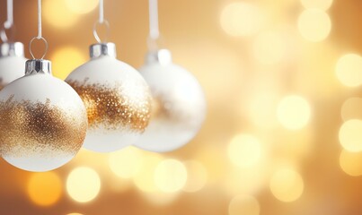 Christmas baubles on gold bokeh background. 3D rendering