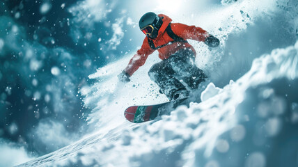 Snowboarder in orange red jacket moves at ski slope, man rides snowboard with splash of blue snow in winter. Concept of professional sport, powder, extreme, speed - obrazy, fototapety, plakaty