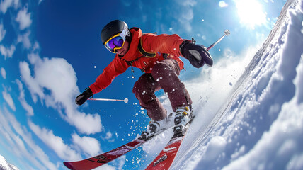 Naklejka na ściany i meble Skier in red jacket moves at mountain slope on sky background, man skiing downhill with splash of snow in winter. Concept of sport, powder, extreme, speed, spray, jumping