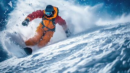 Snowboarder in orange clothes moves at ski slope, man rides snowboard with splash of blue snow in winter. Concept of professional sport, powder, extreme, resort